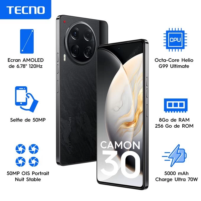 Tecno CAMON 30 - 6.78"- 4G - 2 Sim – 8/256 Go - 50Mpx - 5000 MAh - Noir + Gadget