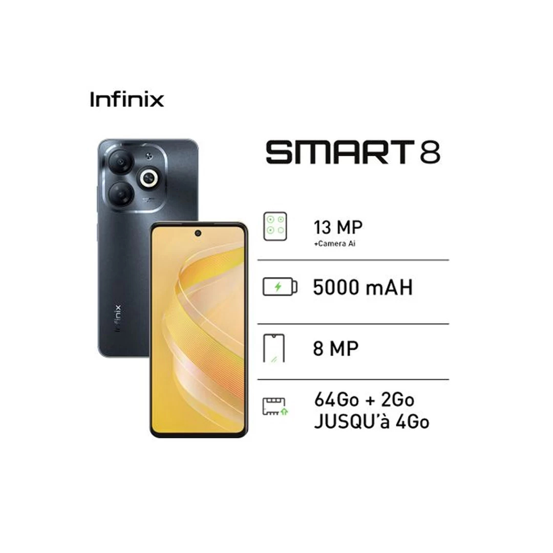 Smartphone Infinix Smart 8 - 64Go + 2Go - 13 MP -2 SIM - 5000 MAh -